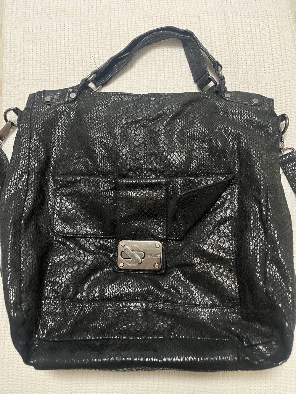 Kenneth Cole Reaction Black Textured Snake-Print Tote with Front Flap